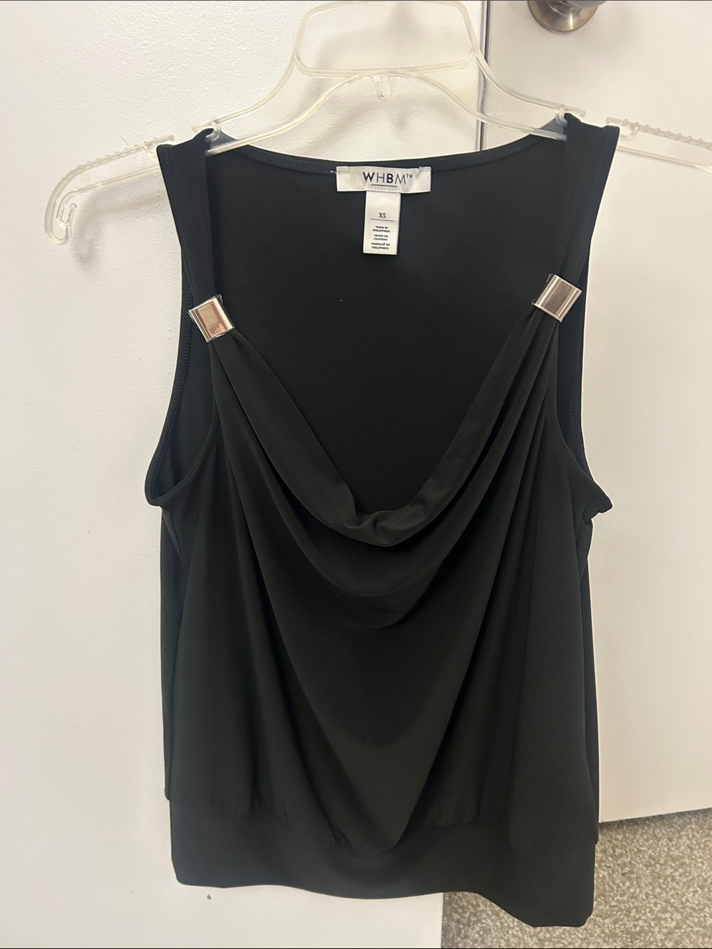 White House Black Market Black Draped Cowl Tank with Metallic Accents